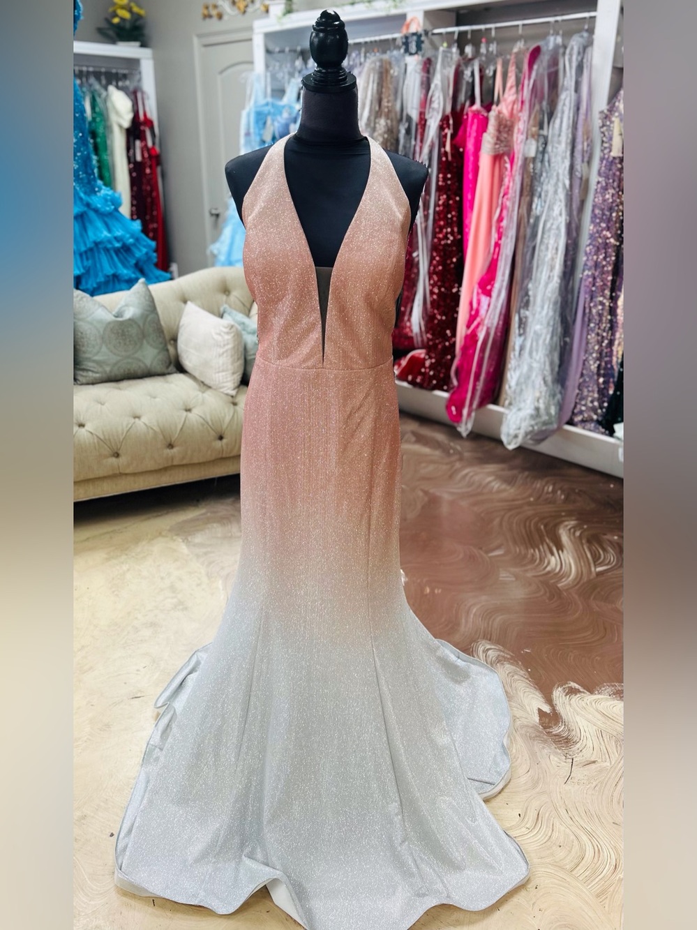 LARA Blush-to-Silver Sparkle Halter Mermaid Gown